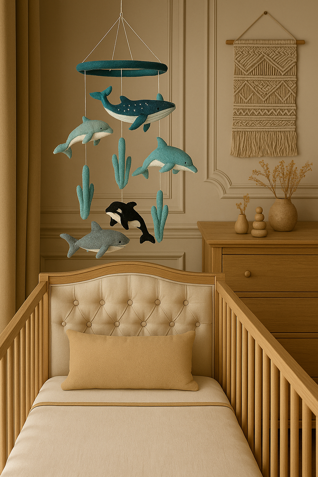 Plongez dans la magie marine avec notre mobile Dauphins et Vie Marine en feutre fait main. Une décoration apaisante pour chambre d’enfant.