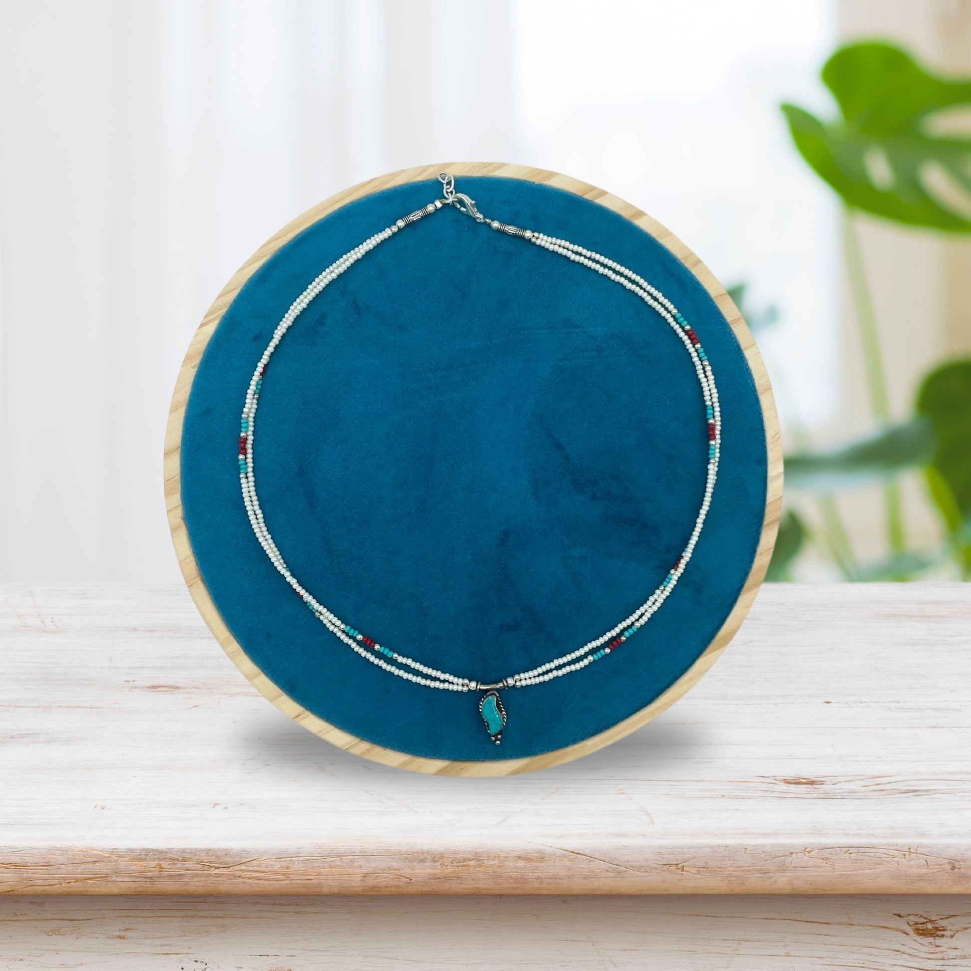 Nepalese Extra Fine Two Line Necklace - Pearl & Turquoise Pendant