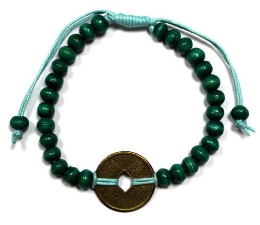 Bracelet Feng Shui Chance Vert | Perles Bois & Monnaie de Fortune | Équilibre