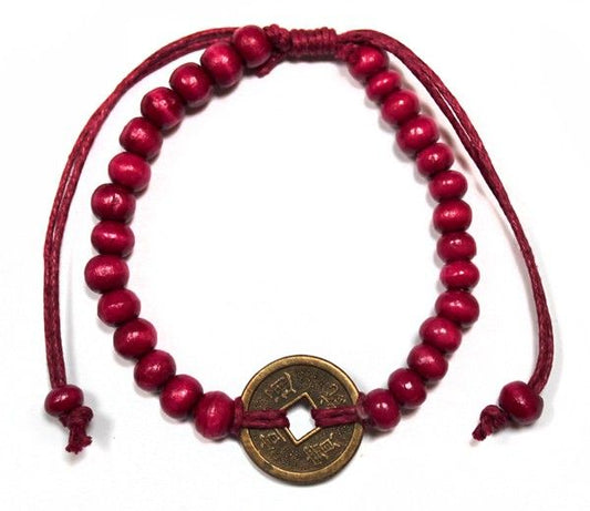 Bracelet Feng Shui Chance Rouge | Perles Bois & Monnaie de Fortune | Courage